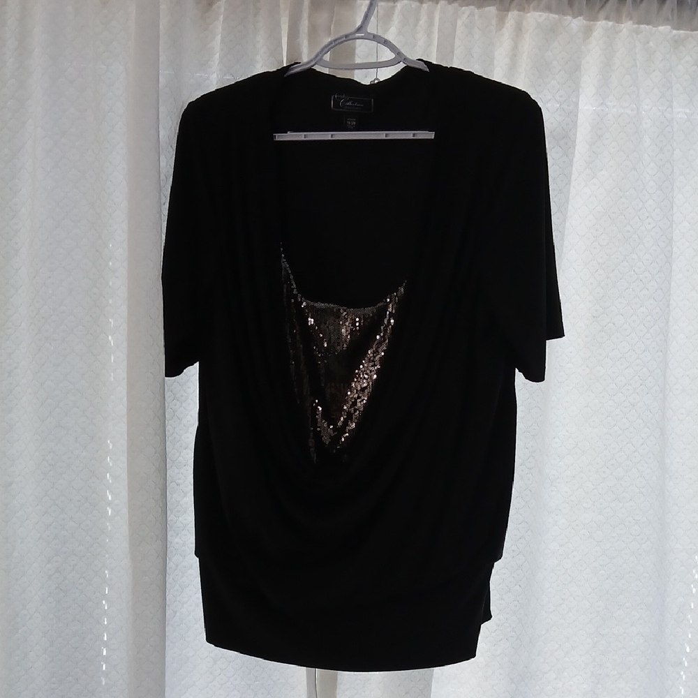 Dressbarn Black Draped Top with Sequin Inset 18/20W